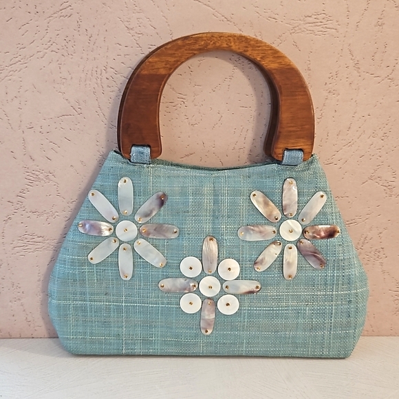 Vintage Handbags - Vintage MOP accents wood handle bag purse 60s style material retro EUC